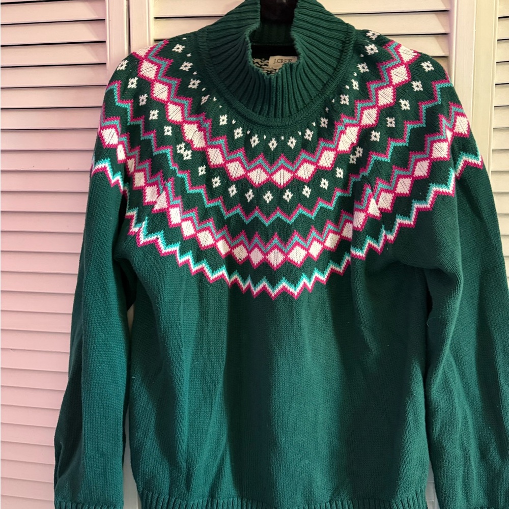 J. Crew Fair Isle Teal and Pink Patterned Turtleneck Sweater